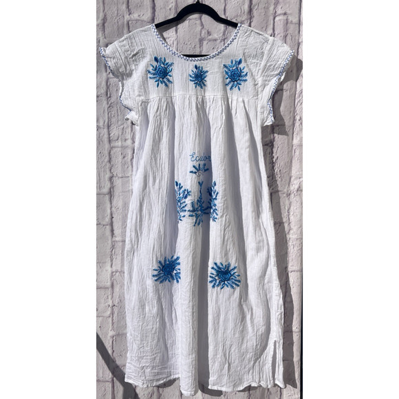 Ethnic Boho Peasant Embroidered Floral Gauze Midi Huipil Caftan Dress Ecuador M - Picture 1 of 7
